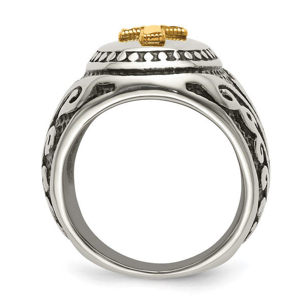 Antiqued Cross Ring: 14K Gold Accents in Stainless Steel