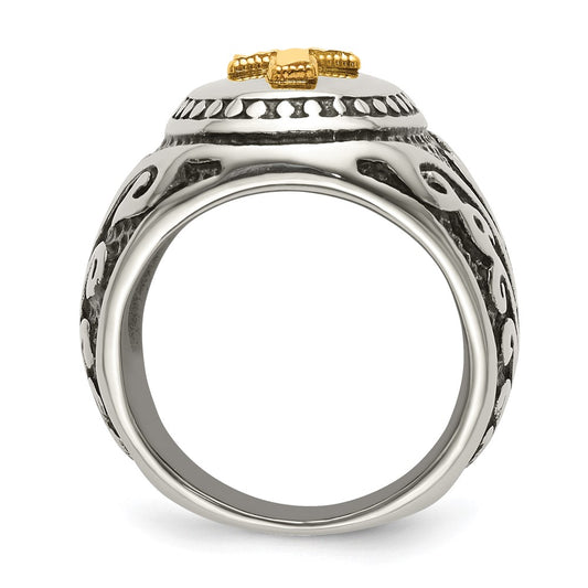 High-quality Antiqued Cross Ring: 14K Gold Accents in Stylish Stainless Steel