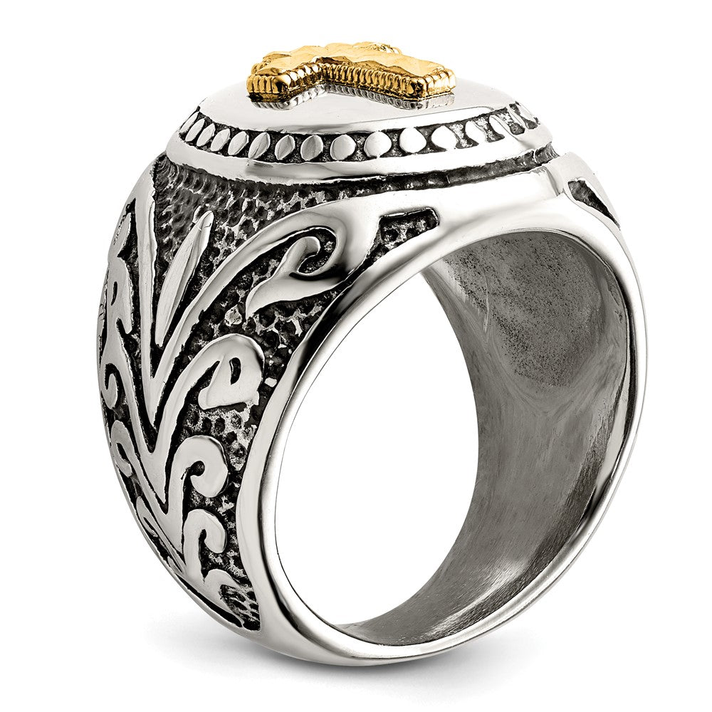 Exclusive Antiqued Cross Ring: Stylish Chiseled Stainless Steel & 14K Gold Accents
