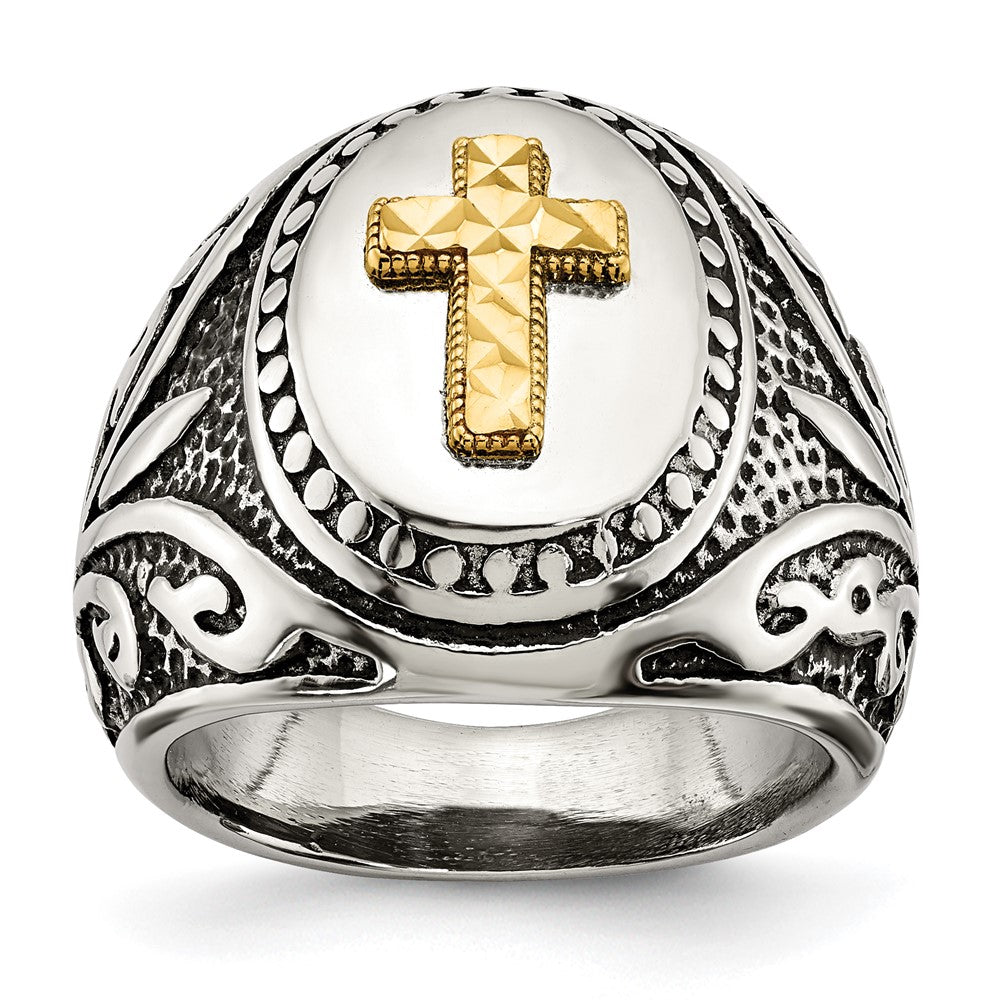 Exclusive Antiqued & Polished Cross Ring - 14K Gold Accents, Stylish Stainless Steel
