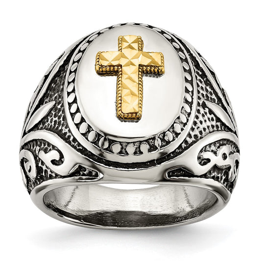 Exclusive Antiqued & Polished Cross Ring - 14K Gold Accents, Stylish Stainless Steel