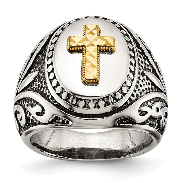 Antiqued Cross Ring: 14K Gold Accents in Stainless Steel