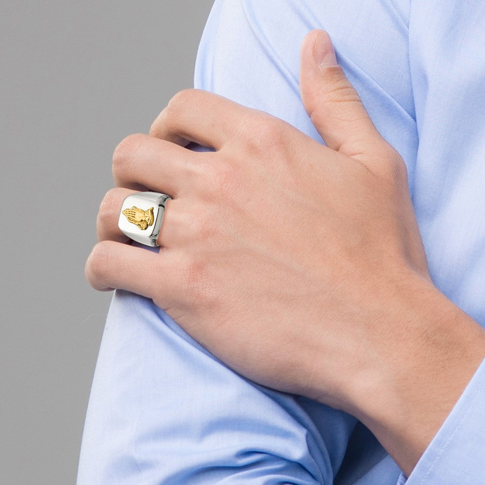 High-Quality Polished Praying Hands Ring, 14K Gold Accents, Stylish Design