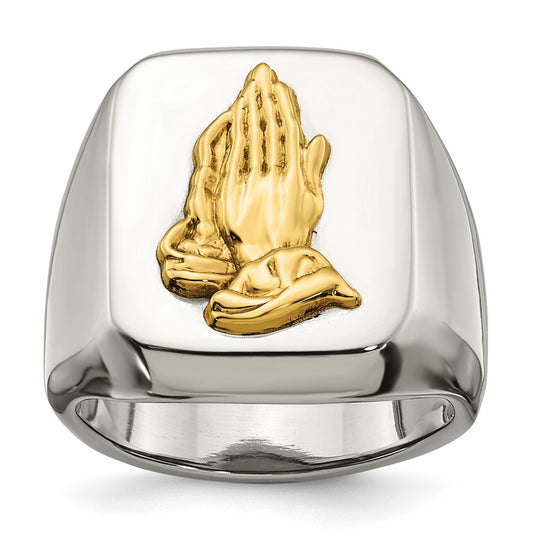 Exclusive Polished Praying Hands Ring - Stylish Chisel Stainless Steel with 14K Gold
