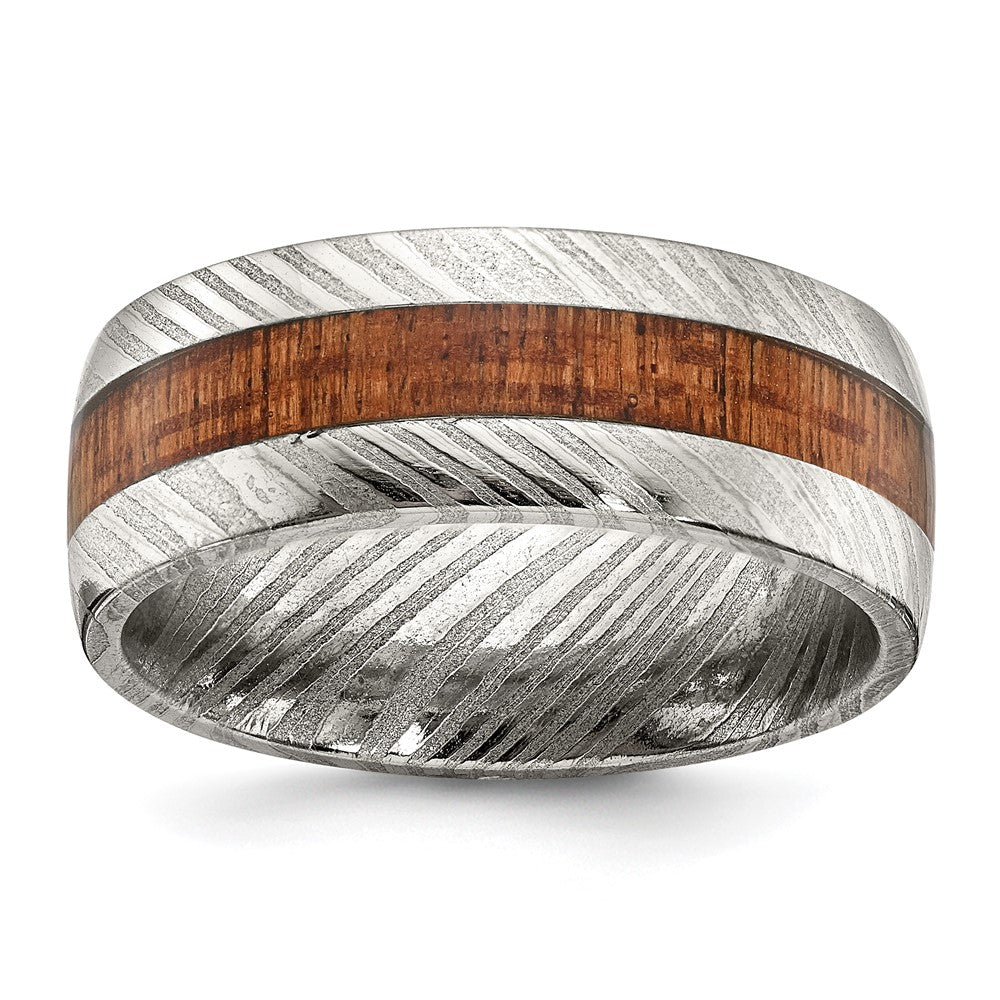 Exclusive 8mm Polished Chisel Damascus Steel Band with Sapele Wood Inlay
