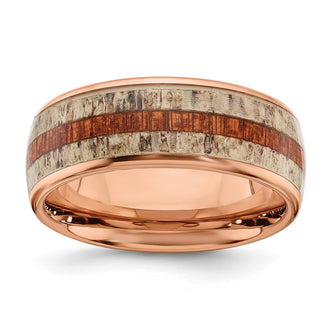 Exclusive 8mm Polished Rose IP-Plated Chisel Band with Antler Inlay - Stylish!