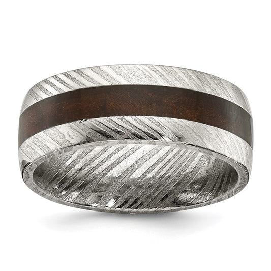Designer Polished Chisel Damascus Steel Band, 8mm with Ebony Inlay - Luxury Value