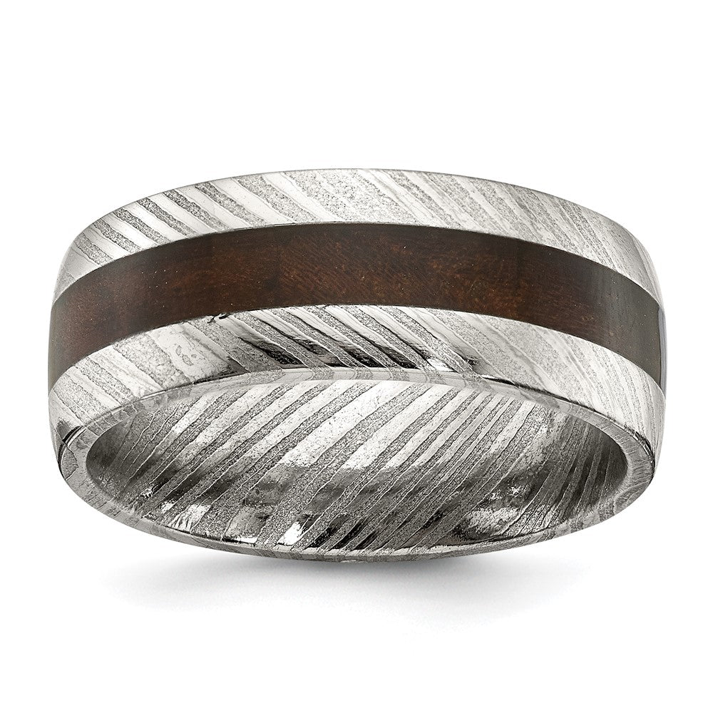 Buy Stylish 8mm Polished Chisel Damascus Steel Band with Ebony Wood Inlay