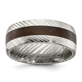 Exclusive 8mm Polished Chisel Damascus Steel Band with Ebony Wood Inlay