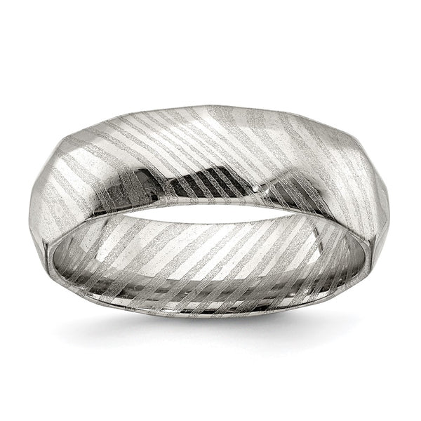 7mm Polished Faceted Damascus Steel Band Ring