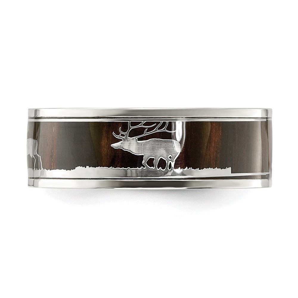 Buy Exclusive 8mm Polished Stainless Steel Chisel Band with Wood Inlay & Deer Design - Stylish Value!