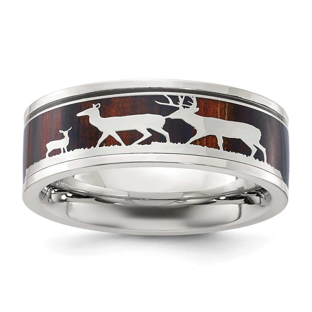 Buy Polished Stainless Steel Chisel Band 8mm - Stylish Wood Inlay & Deer Design