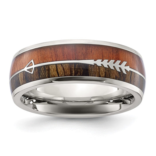 High-Quality Polished Stainless Steel Chisel Band - 8mm Arrow Design, Stylish Wood Inlay