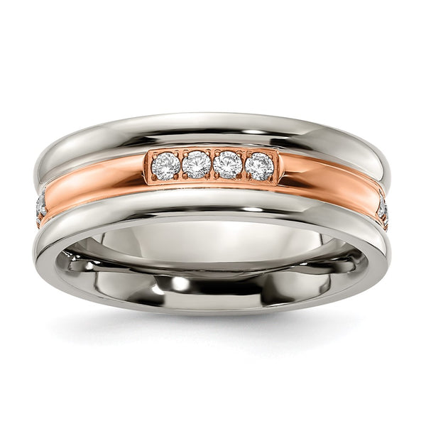 Chisel Polished Stainless Steel Rose IP-Plated Band, 7mm CZ Accent