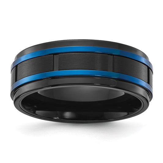 High-Quality 8mm Chiseled Stainless Steel Band - Stylish Black & Blue IP-Plated Design