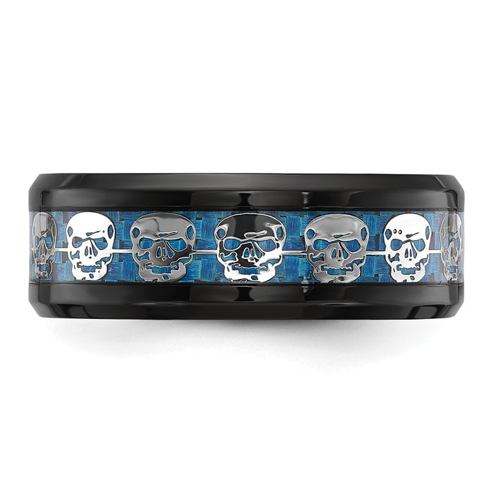 Shop Exclusive 8mm Polished Black IP-Plated Stainless Steel Chisel Band - Stylish Blue Carbon Fiber Inlay & Skull Design-3