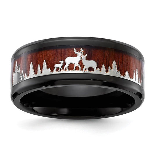 Buy Stylish 9mm Polished Black IP-Plated Stainless Steel Band with Wood Inlay