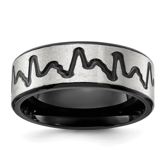 High-Quality 8mm Brushed Black IP-Plated Stainless Steel Heartbeat Band - Stylish Design