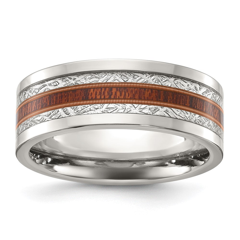 High-Quality 8mm Polished Stainless Steel Chisel Band with Wood & Meteorite Inlay