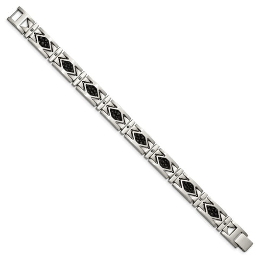 Shop Exclusive 8.5-Inch Chiseled Stainless Steel Bracelet with Black Leather & CZ