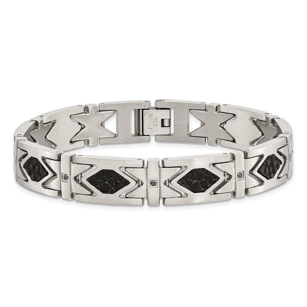 Shop Exclusive 8.5-Inch Chiseled Stainless Steel Bracelet with Black Leather & CZ