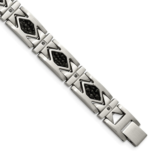 Shop Exclusive 8.5-Inch Chiseled Stainless Steel Bracelet with Black Leather & CZ
