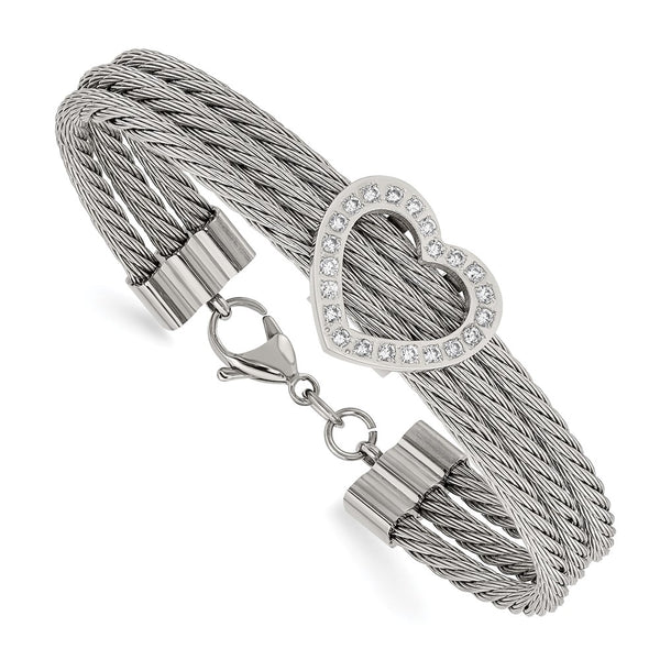 Polished Stainless Steel Chisel Wire Bracelet - 7.5 Inches, CZ Heart