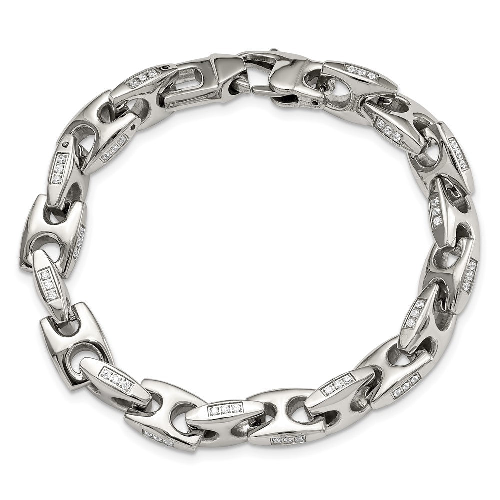 Exclusive 9 Inch Polished Stainless Steel Chisel Bracelet with CZ - Affordable Luxury