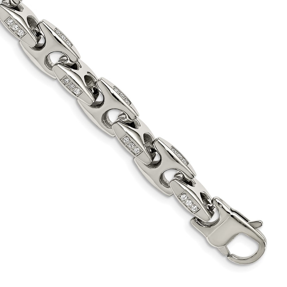 Exclusive 9 Inch Polished Stainless Steel Chisel Bracelet with CZ - Affordable Luxury