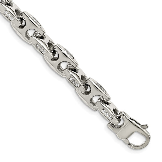 Exclusive 9 Inch Polished Stainless Steel Chisel Bracelet with CZ - Affordable Luxury