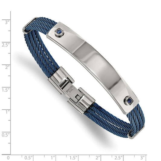 Designer 7.25" Chisel Polished Stainless Steel Blue IP Bracelet - Stylish CZ