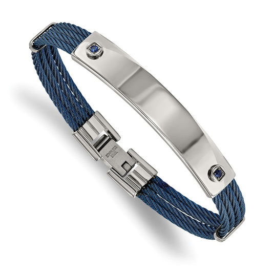 Designer 7.25" Chisel Polished Stainless Steel Blue IP Bracelet - Stylish CZ