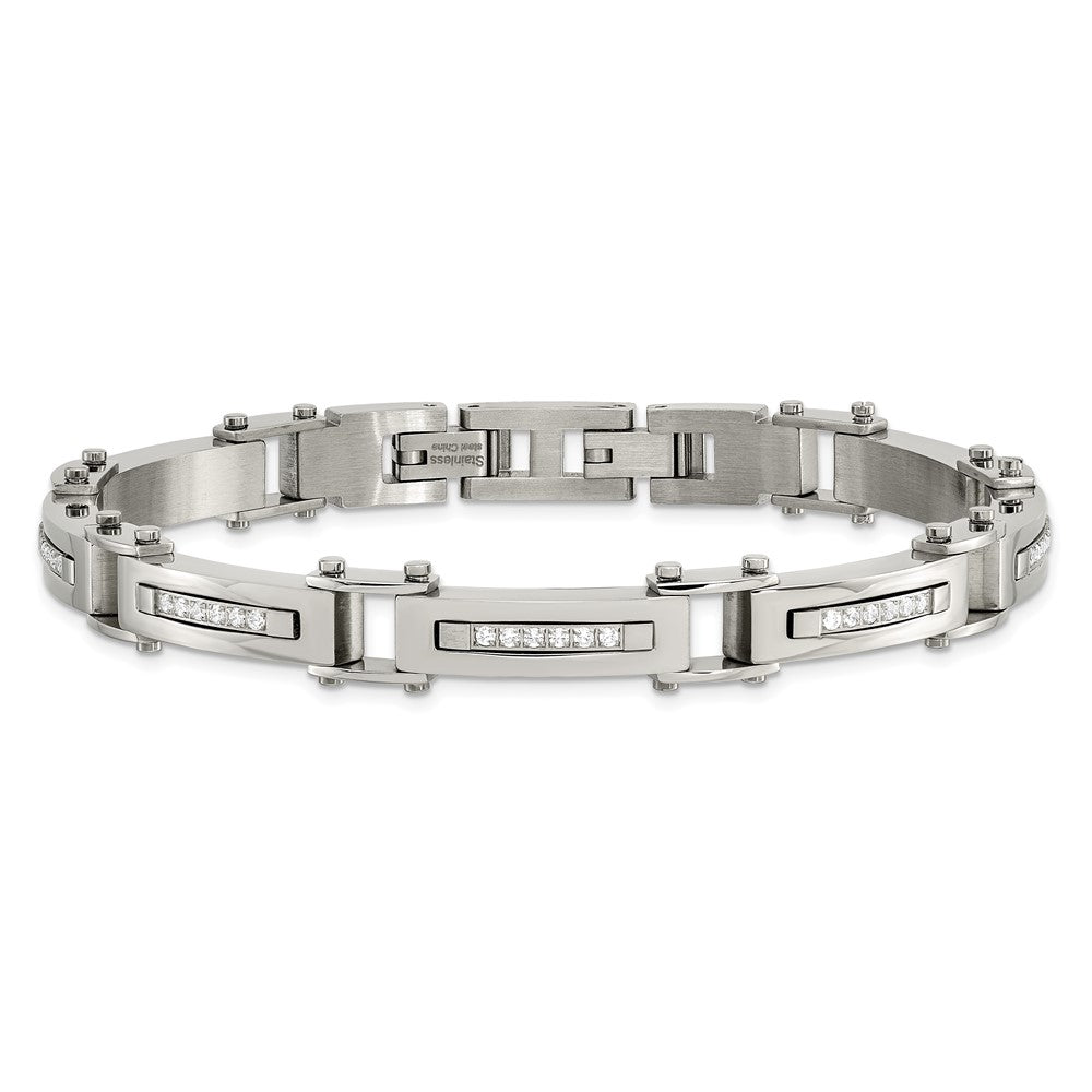 High-Quality Chisel Polished Stainless Steel Bracelet - 8.25" + CZ Accents, Stylish Value
