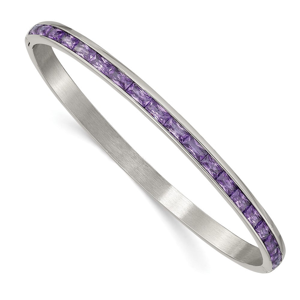 Exclusive Polished Purple CZ 5mm Hinged Bangle | Stylish Chisel Stainless Steel