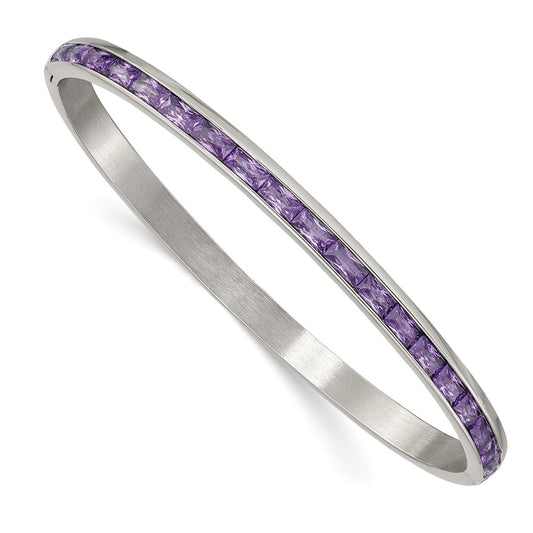 Exclusive Polished Purple CZ 5mm Hinged Bangle | Stylish Chisel Stainless Steel