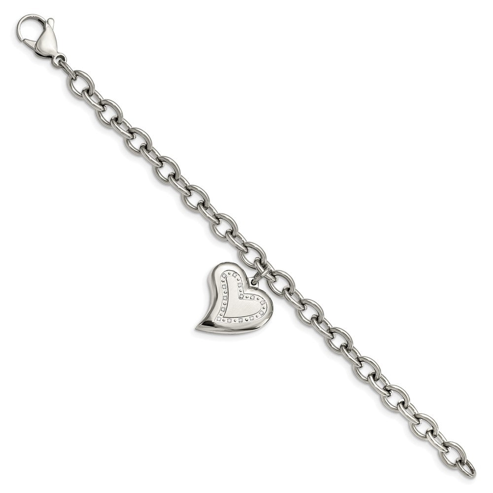 Shop Exclusive 7.5-Inch Polished Stainless Steel Chisel Bracelet with CZ Charm - Stylish Heart Design