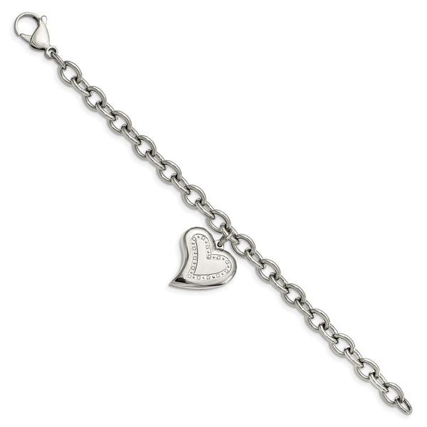 7.5-Inch Polished Stainless Steel Chisel Bracelet with CZ Charm - Heart