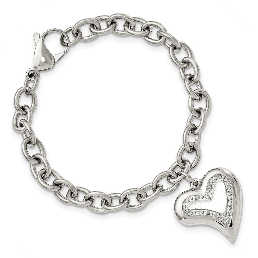 Shop Exclusive 7.5-Inch Polished Stainless Steel Chisel Bracelet with CZ Charm - Stylish Heart Design