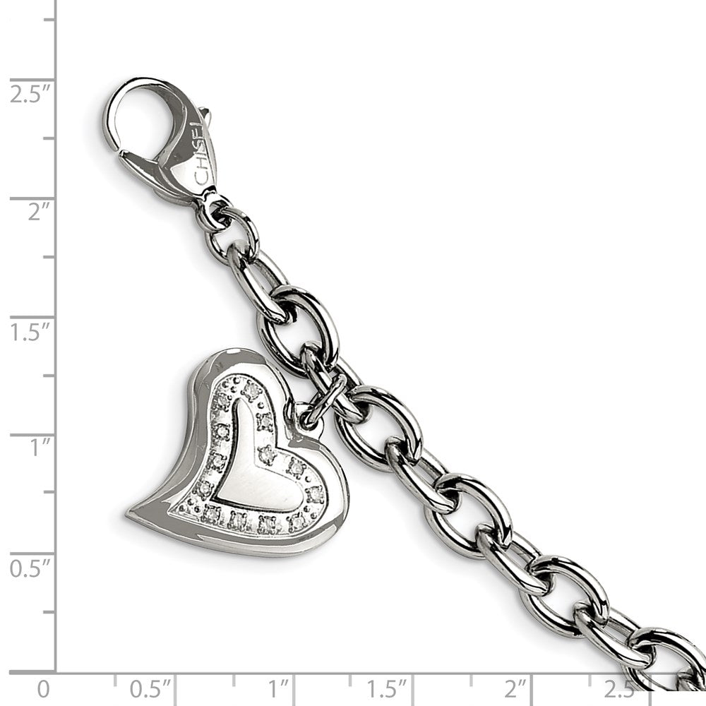 Shop Exclusive 7.5-Inch Polished Stainless Steel Chisel Bracelet with CZ Charm - Stylish Heart Design