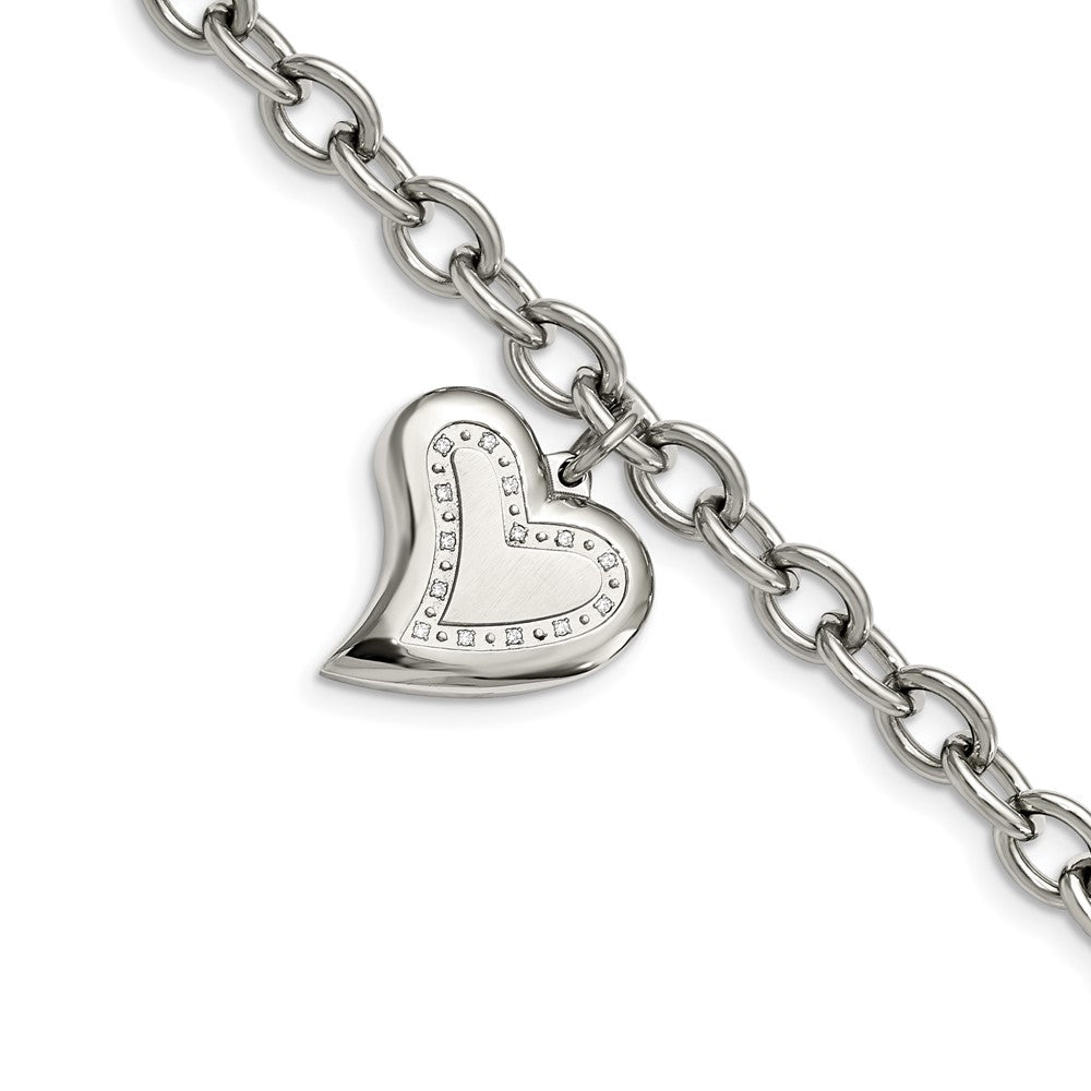 Shop Exclusive 7.5-Inch Polished Stainless Steel Chisel Bracelet with CZ Charm - Stylish Heart Design