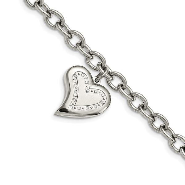 7.5-Inch Polished Stainless Steel Chisel Bracelet with CZ Charm - Heart