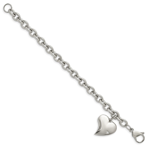 Chisel Polished Stainless Steel Bracelet 7.5" with CZ Heart Charm