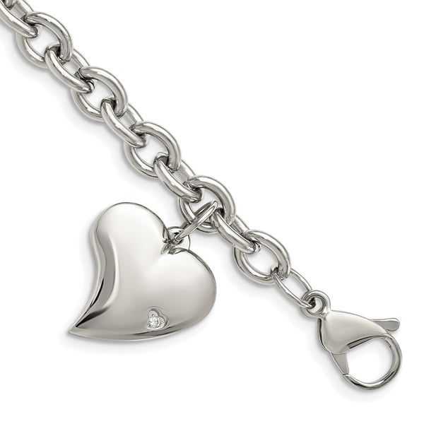 Chisel Polished Stainless Steel Bracelet 7.5" with CZ Heart Charm
