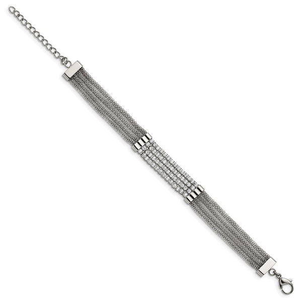 6.5-Inch Chisel Polished Stainless Steel Bracelet with CZ Mesh