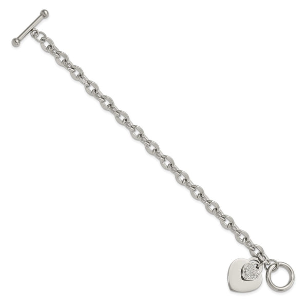 Chisel Polished Stainless Steel Toggle Bracelet - 7.5", CZ Hearts