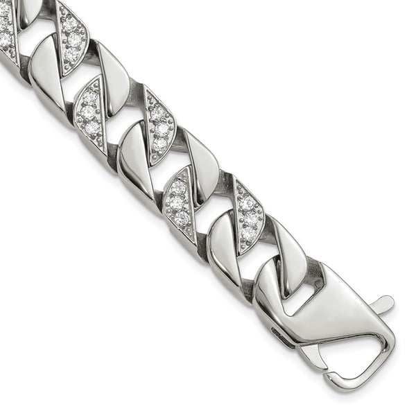 Polished Stainless Steel Curb Link Bracelet - 8.5" Length, CZ