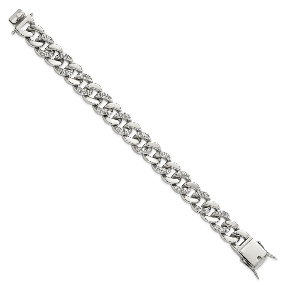 Buy Stylish 8-Inch Curb Link Bracelet in Polished Stainless Steel with CZ Accents