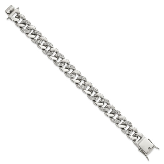 Buy Stylish 8-Inch Curb Link Bracelet in Polished Stainless Steel with CZ Accents