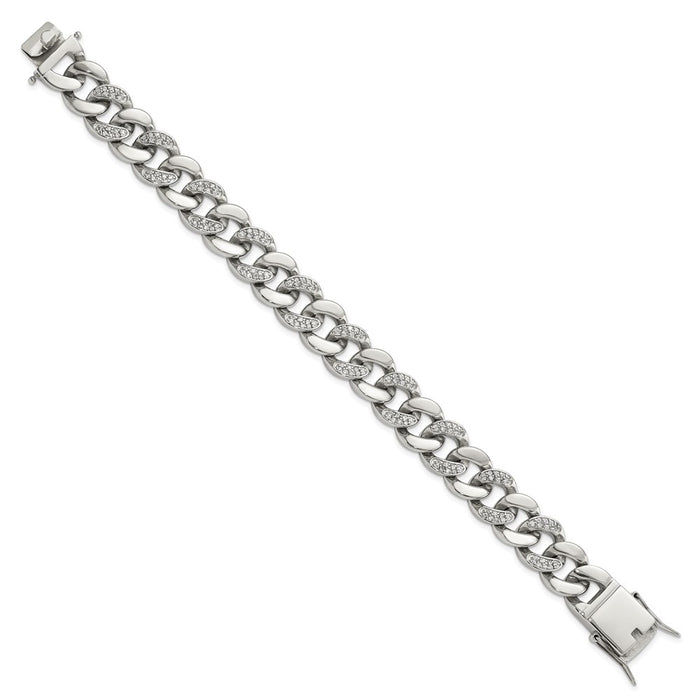 Buy Stylish 8-Inch Curb Link Bracelet in Polished Stainless Steel with CZ Accents-2