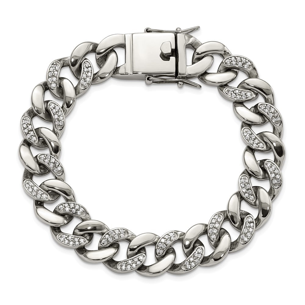 Buy Stylish 8-Inch Curb Link Bracelet in Polished Stainless Steel with CZ Accents